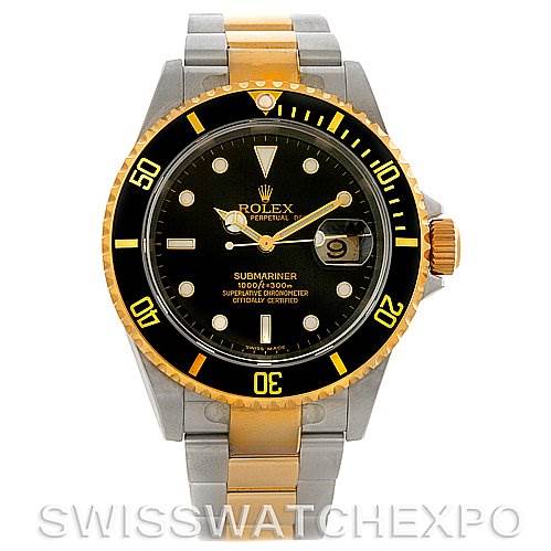 This image shows a front view of the Rolex Submariner 16613T Men's Steel and Gold (two tone) Black Dial 16613T Men's Steel and Gold (two tone) Black Dial with a black and gold bezel and a two-tone bracelet.
