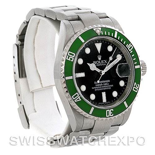 The Rolex Submariner 16610T Men
s Stainless Steel Black Dial 16610T Men
s Stainless Steel Black Dial watch is shown from a three-quarter angle, displaying the green bezel, black dial, and stainless steel bracelet.