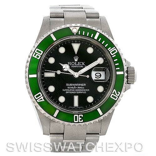 This image shows a front view of a Rolex Submariner 16610T Men
s Stainless Steel Black Dial 16610T Men
s Stainless Steel Black Dial watch featuring a green bezel and a black dial.