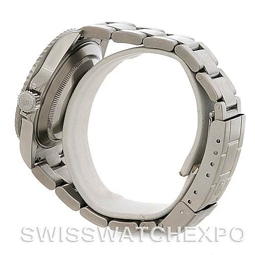 This image shows a side view of a Rolex Submariner 16610T Men
s Stainless Steel Black Dial 16610T Men
s Stainless Steel Black Dial watch, highlighting the case and bracelet, with a focus on the crown and clasp.