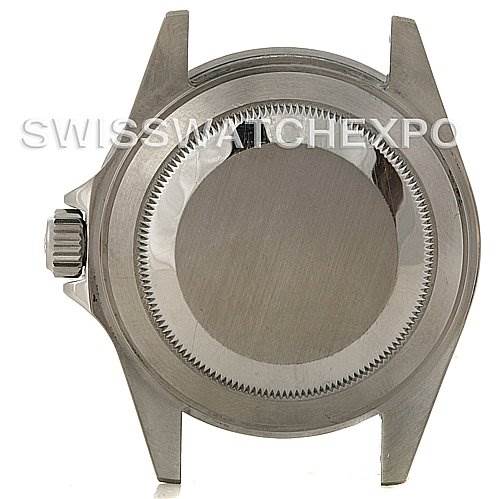 This image shows the back case and crown of a Rolex Submariner 16610T Men
s Stainless Steel Black Dial 16610T Men
s Stainless Steel Black Dial watch from a straight-on angle.