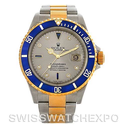 The image shows a front view of the Rolex Submariner 16613 Men's Steel and Gold (two tone) Grey Dial 16613 Men's Steel and Gold (two tone) Grey Dial watch, displaying the dial, bezel, and bracelet.