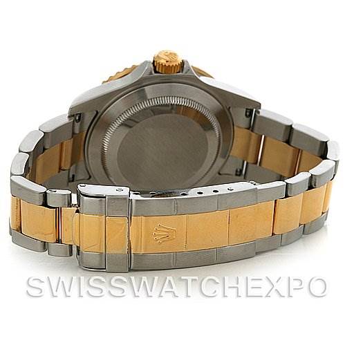 The image shows the back and bracelet of a Rolex Submariner 16613 Men's Steel and Gold (two tone) Grey Dial 16613 Men's Steel and Gold (two tone) Grey Dial watch from a rear angle.