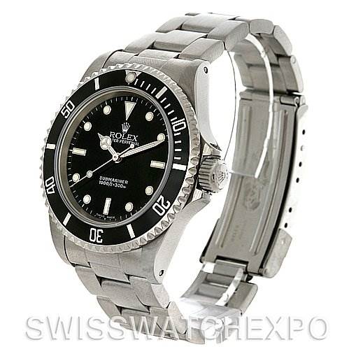 This image shows a side angle of the Rolex Submariner 14060M Men's Stainless Steel Black Dial 14060M Men's Stainless Steel Black Dial watch, featuring its black dial, bezel, and stainless steel bracelet.