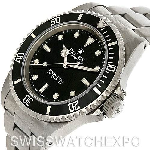 The image shows a Rolex Submariner 14060M Men's Stainless Steel Black Dial 14060M Men's Stainless Steel Black Dial watch at a slight angle, highlighting the dial, bezel, crown, and bracelet.