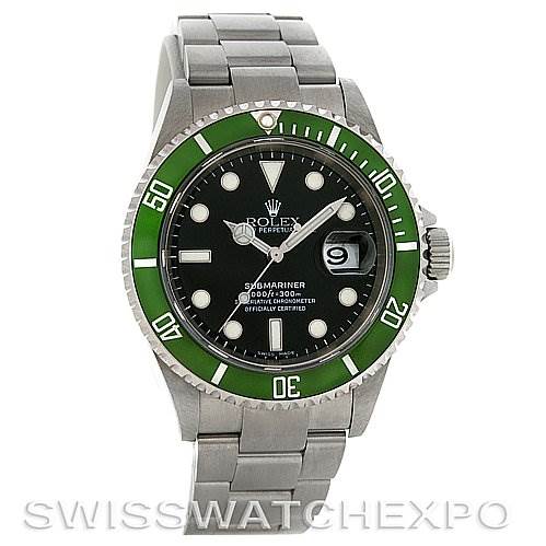 This image shows a Rolex Submariner 16610T Men's Stainless Steel Black Dial 16610T Men's Stainless Steel Black Dial watch from a front angle, displaying its green bezel, black dial, and stainless steel bracelet.