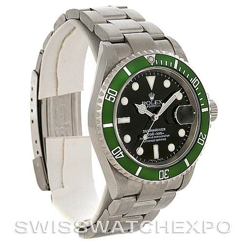 The image shows a Rolex Submariner 16610T Men's Stainless Steel Black Dial 16610T Men's Stainless Steel Black Dial watch from a three-quarter angle, highlighting its green bezel, black dial, and stainless steel bracelet.