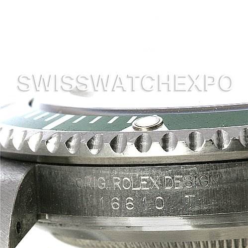 The image shows a close-up side view of the Rolex Submariner 16610T Men's Stainless Steel Black Dial 16610T Men's Stainless Steel Black Dial watch, focusing on the bezel and the engraved model number.