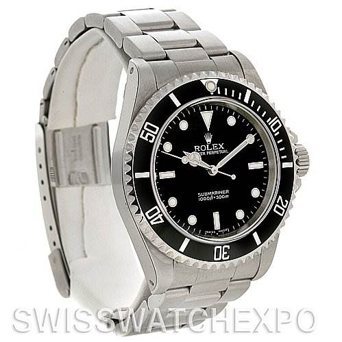 This image shows a side angle of a Rolex Submariner 14060M Men's Stainless Steel Black Dial 14060M Men's Stainless Steel Black Dial watch, highlighting the bracelet, bezel, and face.