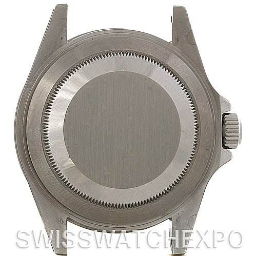 This image shows the back case and side crown of a Rolex Submariner 14060M Men's Stainless Steel Black Dial 14060M Men's Stainless Steel Black Dial watch, viewed from the rear.