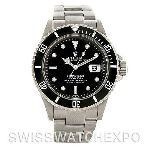 This image shows a front view of the Rolex Submariner 16610 Men's Stainless Steel Black Dial 16610 Men's Stainless Steel Black Dial watch, displaying its black dial, bezel, crown, bracelet, and date window.