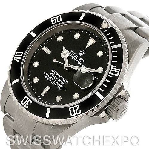 The image shows a close-up angle of a Rolex Submariner 16610 Men's Stainless Steel Black Dial 16610 Men's Stainless Steel Black Dial watch, featuring its bezel, dial, and part of the bracelet.