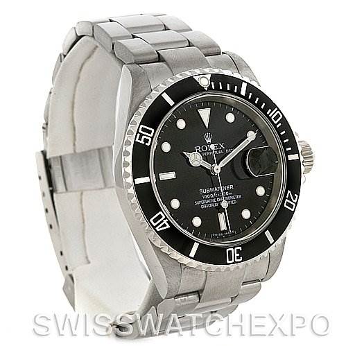 This image shows a Rolex Submariner 16610 Men's Stainless Steel Black Dial 16610 Men's Stainless Steel Black Dial watch at a three-quarter angle, highlighting its face, bezel, and stainless steel bracelet.