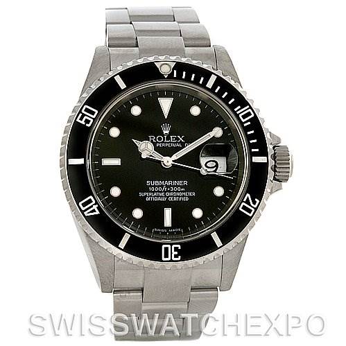 The image shows a front view of a Rolex Submariner 16610 Men's Stainless Steel Black Dial 16610 Men's Stainless Steel Black Dial watch, displaying the dial, bezel, and bracelet.