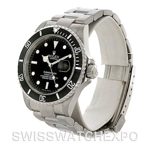 This image shows the Rolex Submariner 16610 Men's Stainless Steel Black Dial 16610 Men's Stainless Steel Black Dial watch at a three-quarter angle, displaying the dial, bezel, crown, and bracelet.