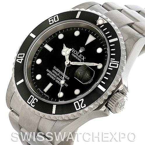 The image shows a Rolex Submariner 16610 Men's Stainless Steel Black Dial 16610 Men's Stainless Steel Black Dial watch from an oblique top angle, highlighting the dial, bezel, crown, and bracelet.