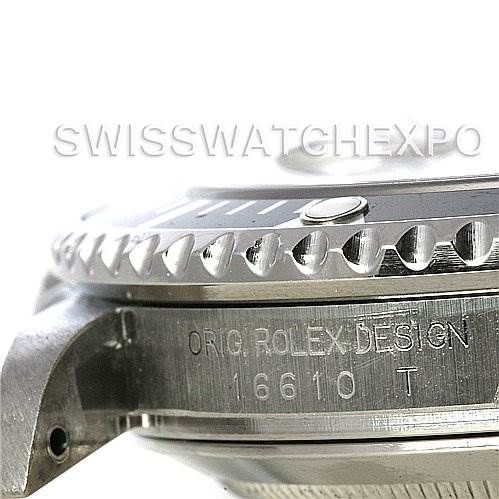 The image shows a close-up side profile view of a Rolex Submariner 16610 Men's Stainless Steel Black Dial 16610 Men's Stainless Steel Black Dial, highlighting the bezel, crown guard, and case with model number "16610."