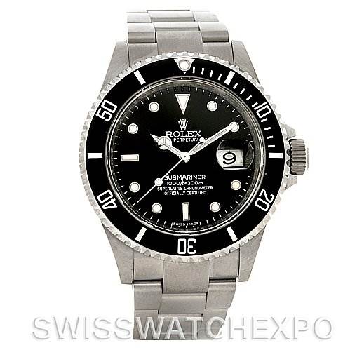 The image shows a frontal view of a Rolex Submariner 16610 Men's Stainless Steel Black Dial 16610 Men's Stainless Steel Black Dial watch, displaying its face, bezel, crown, and bracelet.