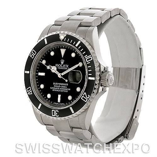 The image shows a side angle of a Rolex Submariner 16610 Men's Stainless Steel Black Dial 16610 Men's Stainless Steel Black Dial watch, focusing on the dial, bezel, and stainless steel bracelet.
