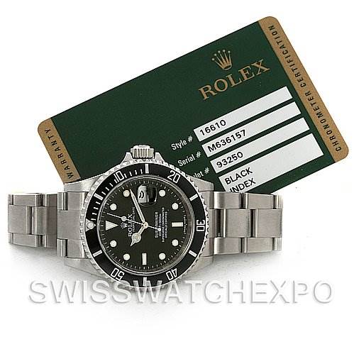 The image shows a Rolex Submariner 16610 Men's Stainless Steel Black Dial 16610 Men's Stainless Steel Black Dial watch, face-up with its bracelet, alongside its certification card.