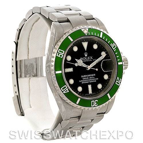 The image shows a front and slight side view of a Rolex Submariner 16610LV Men's Stainless Steel Black Dial 16610LV Men's Stainless Steel Black Dial watch, highlighting its dial, bezel, and bracelet.
