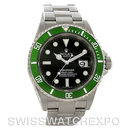 This is a front view of a Rolex Submariner 16610LV Men's Stainless Steel Black Dial 16610LV Men's Stainless Steel Black Dial showing the dial, bezel, case, and bracelet.