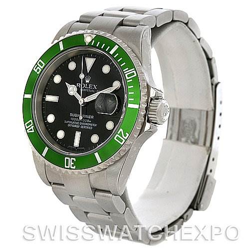 The image shows a side angle of a Rolex Submariner 16610LV Men's Stainless Steel Black Dial 16610LV Men's Stainless Steel Black Dial watch, highlighting its green bezel, black dial, and bracelet.