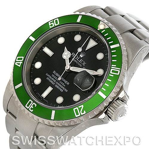 The Rolex Submariner 16610LV Men's Stainless Steel Black Dial 16610LV Men's Stainless Steel Black Dial watch is shown from a three-quarter angle, highlighting its green bezel, black dial, crown, and part of its bracelet.