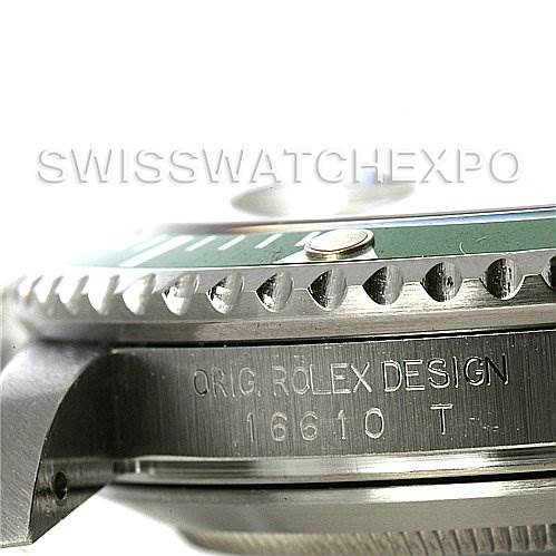 This image shows a close-up side view of the bezel, case, and model engraving on a Rolex Submariner 16610LV Men's Stainless Steel Black Dial 16610LV Men's Stainless Steel Black Dial.