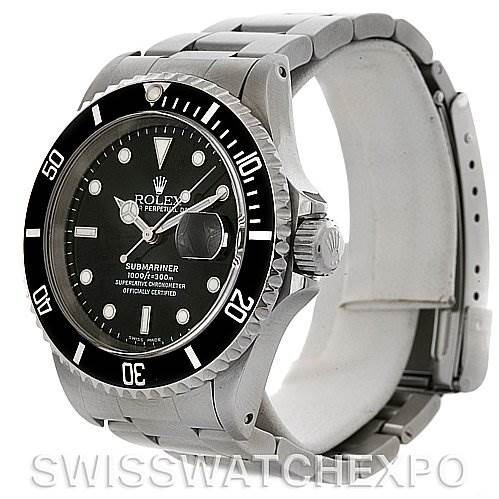 This image shows a Rolex Submariner 16610 Men's Stainless Steel Black Dial 16610 Men's Stainless Steel Black Dial watch at a slightly angled side view, highlighting the face, bezel, crown, and metal bracelet.