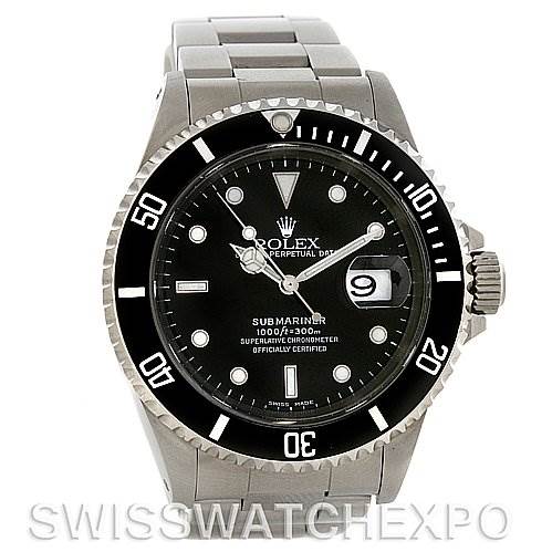 This image shows a front view of a Rolex Submariner 16610 Men's Stainless Steel Black Dial 16610 Men's Stainless Steel Black Dial watch, featuring its dial, bezel, crown, and bracelet.