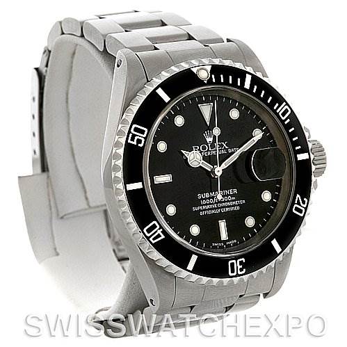 The image shows a Rolex Submariner 16610 Men's Stainless Steel Black Dial 16610 Men's Stainless Steel Black Dial watch angled slightly to display both the face and the bracelet.