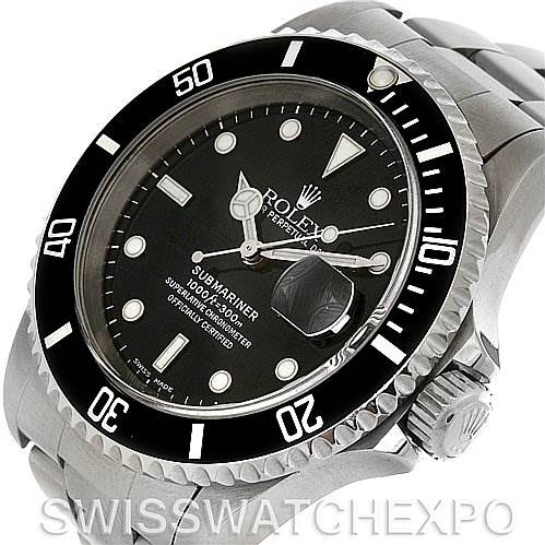 The image shows a Rolex Submariner 16610 Men's Stainless Steel Black Dial 16610 Men's Stainless Steel Black Dial watch at an oblique angle, displaying the dial, bezel, crown, and part of the bracelet.