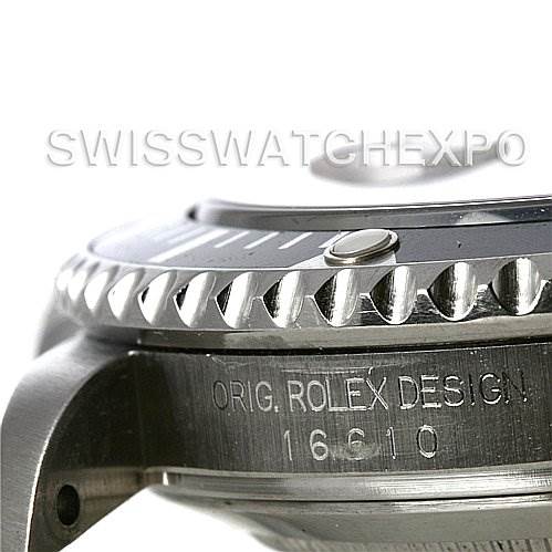 The image shows a close-up angle of the case side and bezel of a Rolex Submariner 16610 Men's Stainless Steel Black Dial 16610 Men's Stainless Steel Black Dial watch, displaying the model number 16610.