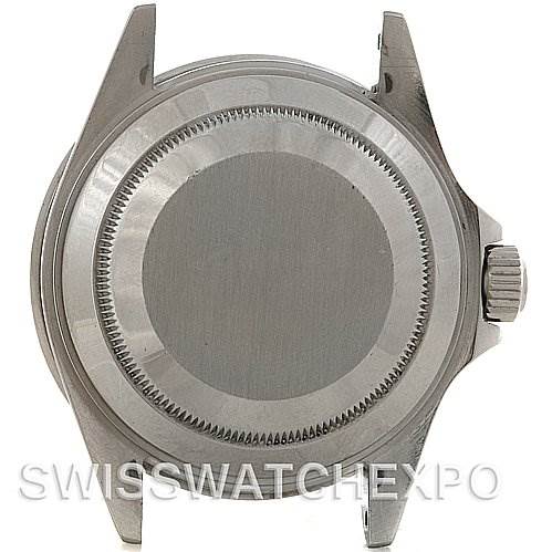 This image shows the case back of a Rolex Submariner 16610 Men's Stainless Steel Black Dial 16610 Men's Stainless Steel Black Dial watch from a rear view angle, including the crown.