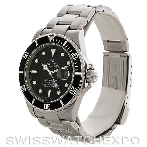 The image shows a Rolex Submariner 16610 Men's Stainless Steel Black Dial 16610 Men's Stainless Steel Black Dial watch at an angled view highlighting the dial, bezel, crown, and bracelet.