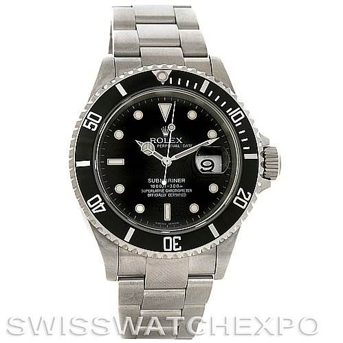 The image shows a front view of a Rolex Submariner 16610 Men's Stainless Steel Black Dial 16610 Men's Stainless Steel Black Dial watch, displaying the dial, bezel, case, and bracelet.