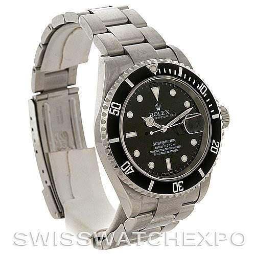This image shows a side angle of a Rolex Submariner 16610 Men's Stainless Steel Black Dial 16610 Men's Stainless Steel Black Dial watch, highlighting its case, bezel, bracelet, and open clasp.