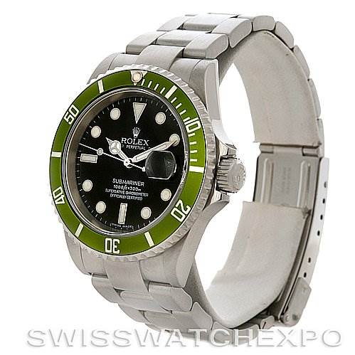 The image shows a Rolex Submariner 16610LV Men
s Stainless Steel Black Dial 16610LV Men
s Stainless Steel Black Dial watch at a three-quarter angle, highlighting the green bezel, black dial, and silver bracelet.