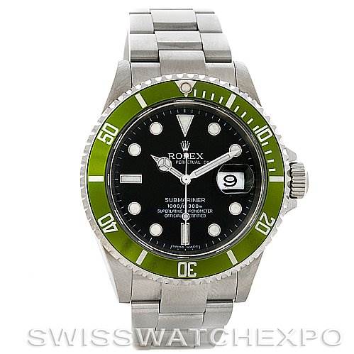 This image shows a Rolex Submariner 16610LV Men
s Stainless Steel Black Dial 16610LV Men
s Stainless Steel Black Dial watch from a front angle, displaying its green bezel, black dial, and metal bracelet.