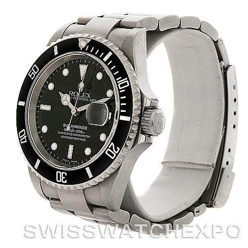 This image shows a Rolex Submariner 16610 Men's Stainless Steel Black Dial 16610 Men's Stainless Steel Black Dial watch at an oblique angle, displaying the face, bezel, and bracelet.