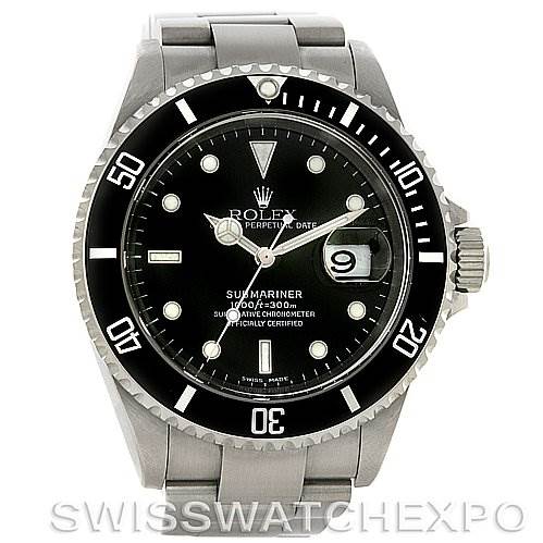 The image shows a front view of the Rolex Submariner 16610 Men's Stainless Steel Black Dial 16610 Men's Stainless Steel Black Dial watch, highlighting its dial, bezel, and bracelet.