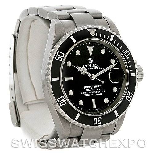 This image shows a side angle view of a Rolex Submariner 16610 Men's Stainless Steel Black Dial 16610 Men's Stainless Steel Black Dial watch, highlighting the bezel, dial, bracelet, and crown.
