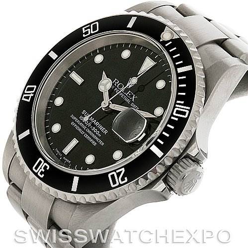 This image shows a Rolex Submariner 16610 Men's Stainless Steel Black Dial 16610 Men's Stainless Steel Black Dial watch at an angled top view, highlighting its bezel, dial, and part of the bracelet.