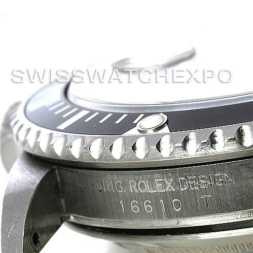 The image shows a close-up side view of the bezel, case, and bracelet attachment point of a Rolex Submariner 16610 Men's Stainless Steel Black Dial 16610 Men's Stainless Steel Black Dial model.