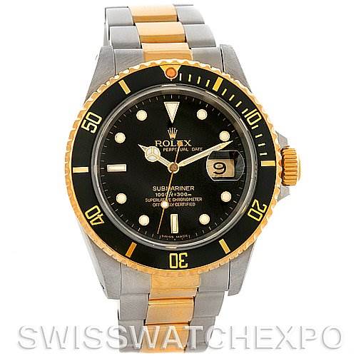 The image shows a Rolex Submariner 16613 Men's Steel and Gold (two tone) Black Dial 16613 Men's Steel and Gold (two tone) Black Dial watch displayed from the front, highlighting its black and gold bezel, dial, and two-tone bracelet.