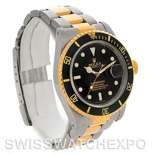The image shows a Rolex Submariner 16613 Men's Steel and Gold (two tone) Black Dial 16613 Men's Steel and Gold (two tone) Black Dial watch at an angle, highlighting the dial, bezel, and bracelet.