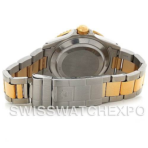 This image shows the back view and clasp of the Rolex Submariner 16613 Men's Steel and Gold (two tone) Black Dial 16613 Men's Steel and Gold (two tone) Black Dial watch, highlighting the bracelet and the case back.