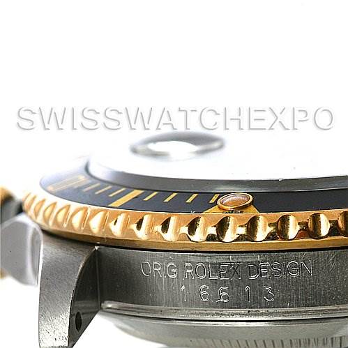 The image shows a close-up side view of a Rolex Submariner 16613 Men's Steel and Gold (two tone) Black Dial 16613 Men's Steel and Gold (two tone) Black Dial's case, bezel, and lug, highlighting the model number engraved on the side.