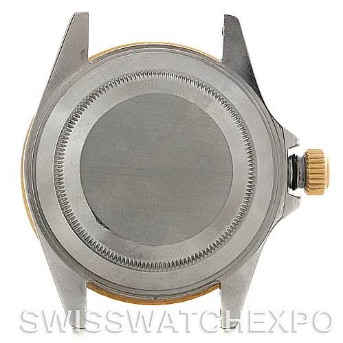 The image shows the back case and crown of a Rolex Submariner 16613 Men's Steel and Gold (two tone) Black Dial 16613 Men's Steel and Gold (two tone) Black Dial watch, viewed from behind.